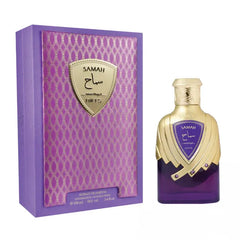 Purple en goud parfumfles en doos voor Samah Amethyst met focus op Samah Ruby Nusuk