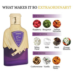 Samah Amethyst parfumfles met top, hart en basisnoten, elegant en luxe ontwerp