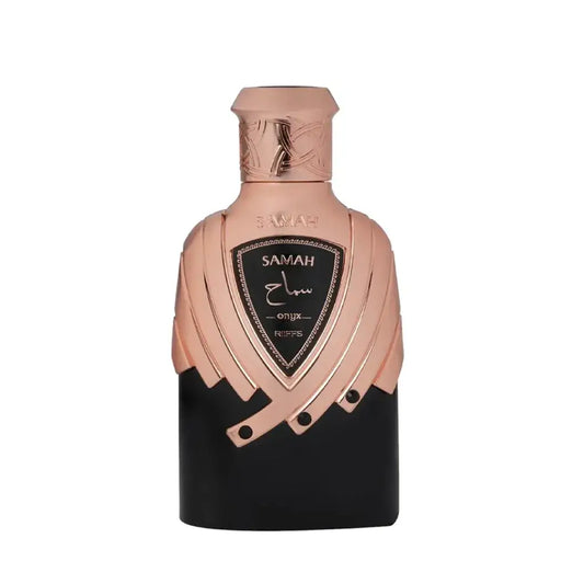 Rose gold en zwarte Samah Onyx Riiffs parfumfles met een schildvormig label en Arabische kalligrafie
