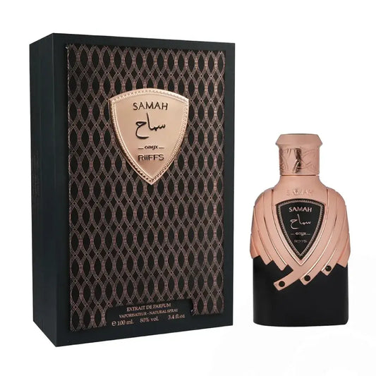 Rose gold and black samah onyx riiffs perfume bottle with shield-shaped label featuring arabic script in modern design
