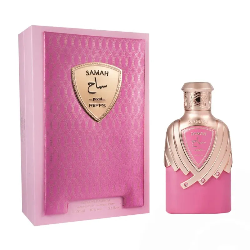 Samah Pearl Nusuk parfum fles en doos in roze en goud voor een luxe uitstraling