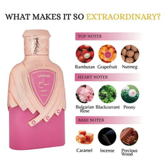 Pink parfumflesje met roségouden accenten en samah pearl nusuk top, hart en basisnoten