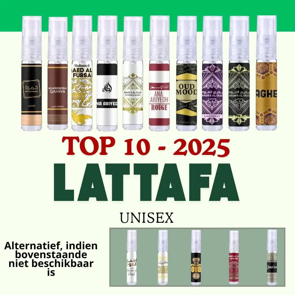 Tien transparante spraysflessen met gekleurde etiketten en arabische tekst in sampleset lattafa unisex 2025
