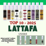 Tien transparante spraysflessen met gekleurde etiketten en arabische tekst in sampleset lattafa unisex 2025