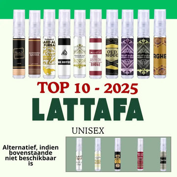 Tien transparante spraysflessen met gekleurde etiketten en arabische tekst in sampleset lattafa unisex 2025