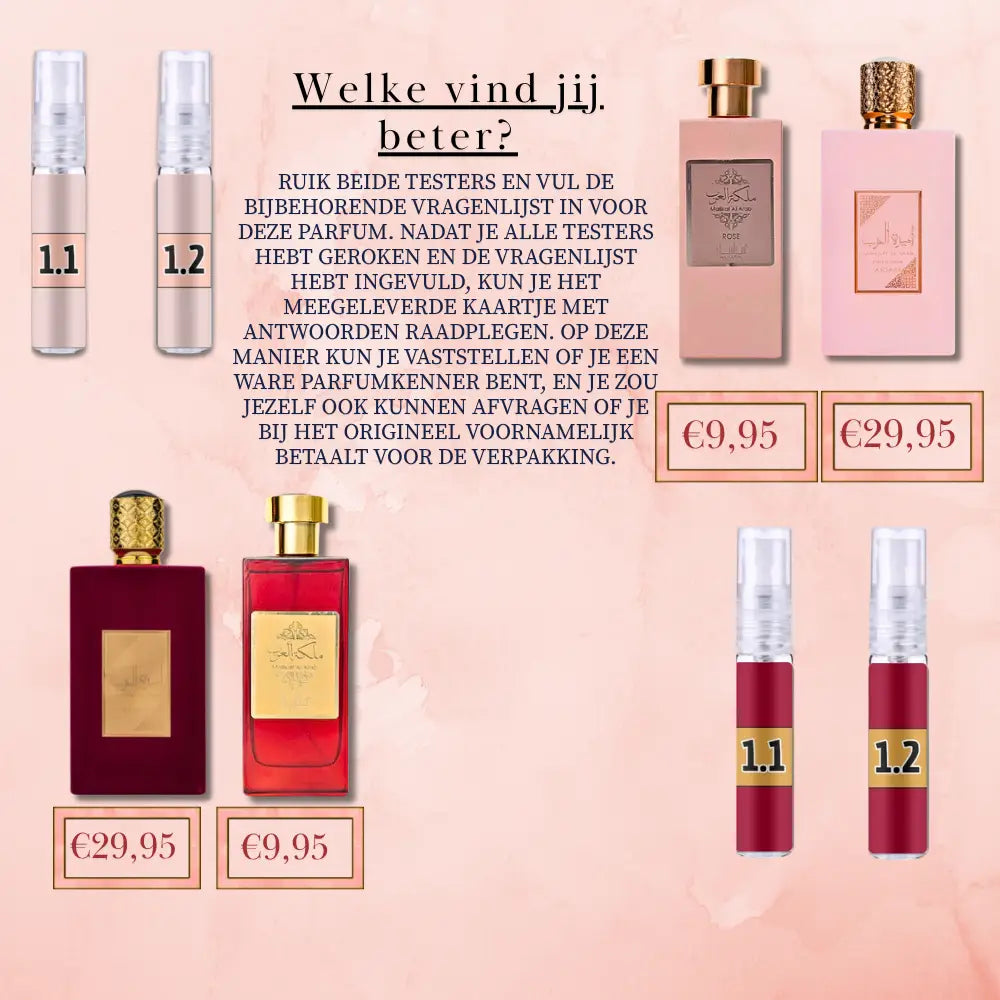 Roze en rode parfumflessen met gouden doppen en labels naast bijpassende sampleflacons van sampleset raad het origineel ameer al arab