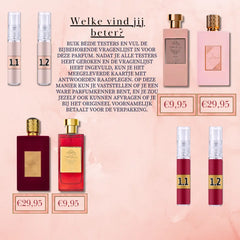Roze en rode parfumflessen met gouden doppen en labels naast bijpassende sampleflacons van sampleset raad het origineel ameer al arab
