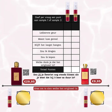 Rood rechthoekig parfumflesje met gouden dop en etiket uit sampleset raad het origineel ameer al arab