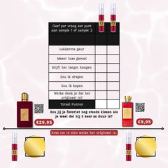 Rood rechthoekig parfumflesje met gouden dop en etiket uit sampleset raad het origineel ameer al arab