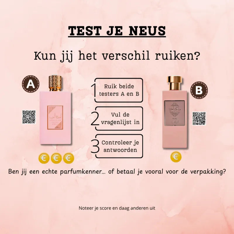 Roze rechthoekige parfumfles met gouden dop en sierlijk etiket voor sampleset raad het origineel ameer al arab