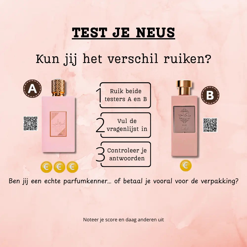 Roze rechthoekige parfumfles met gouden dop en sierlijk etiket voor sampleset raad het origineel ameer al arab