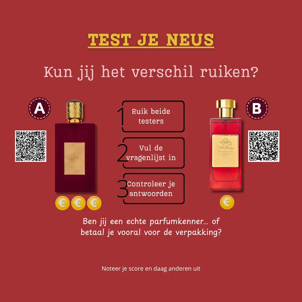 Twee parfumtesters in deep burgundy en rood glas met gouden dop en label van sampleset raad het origineel ameer al arab