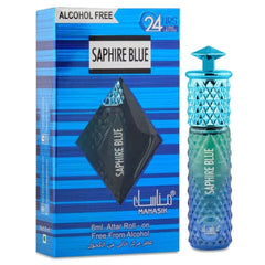 Alcoholvrije parfumflacon in blauw geometrisch patroon met Saphire Blue branding