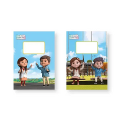 Twee a5 schriften van hadieth studio met illustraties van kinderen buiten staand en op een schommel