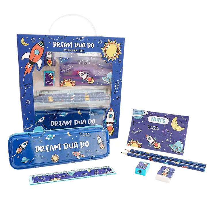 Blauw schrijfwaren set met raket thema space motieven en dream dua do branding voor kinderen
