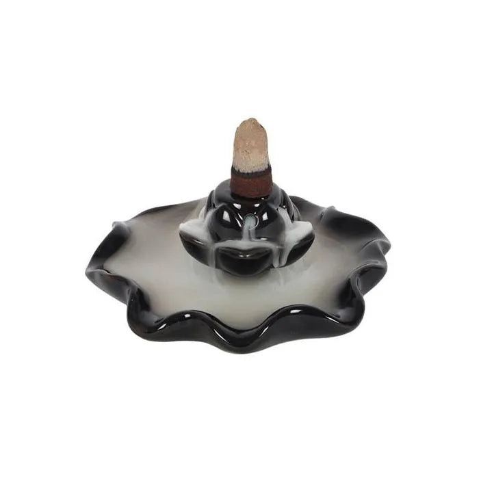 Zwart en frosted glazen backflow incense burner met golvende randen voor lotus pool