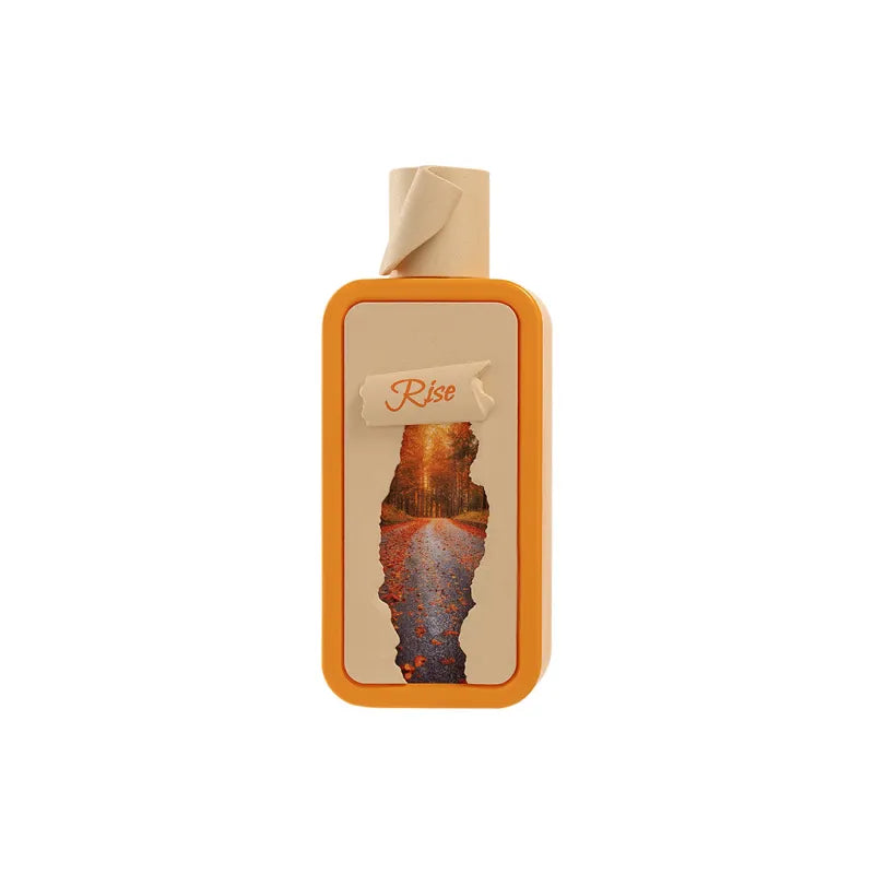 Oranje rechthoekige Seasons Rise EDP 100 ml parfumfles met beige dop en herfstboslabel