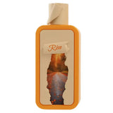 Oranje rechthoekige perfume fles seasons rise edp 100 ml met beige dop en label met rise en canyontekening