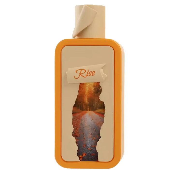 Oranje rechthoekige perfume fles seasons rise edp 100 ml met beige dop en label met rise en canyontekening