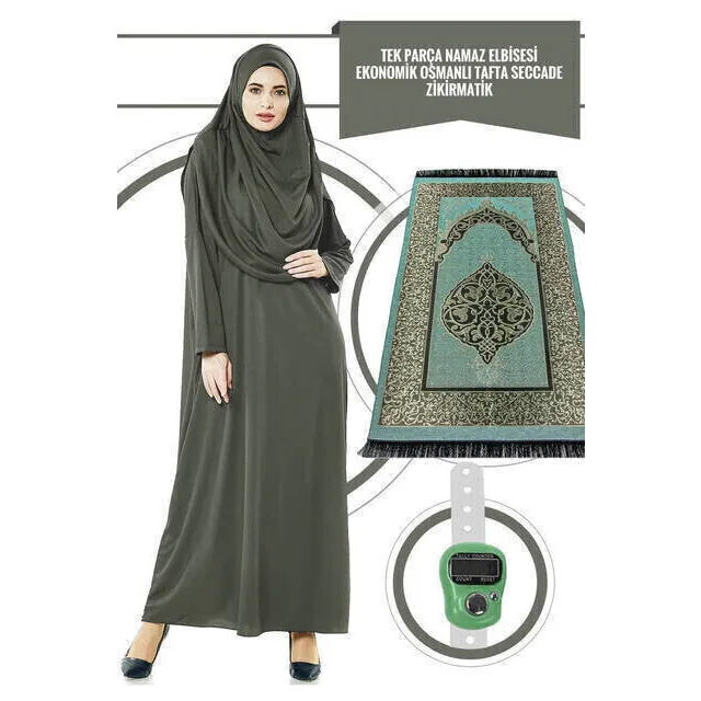 Donkergroene gebedskledingset met bijpassende hijab, gebedskleed en tasbihteller