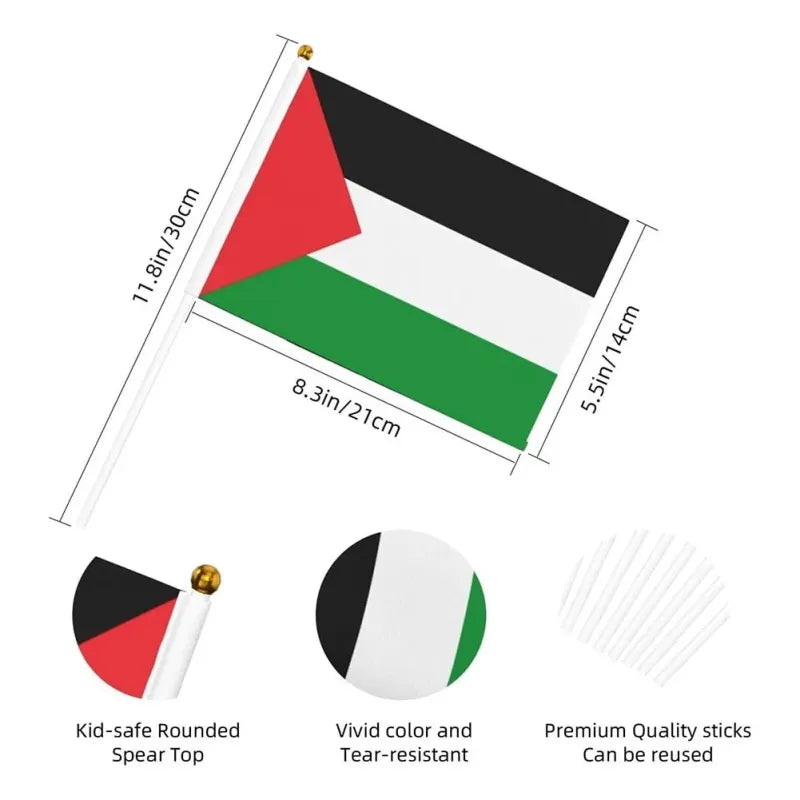 Kleine Palestina vlaggen met afmetingen en productkenmerken onder de vlaggen