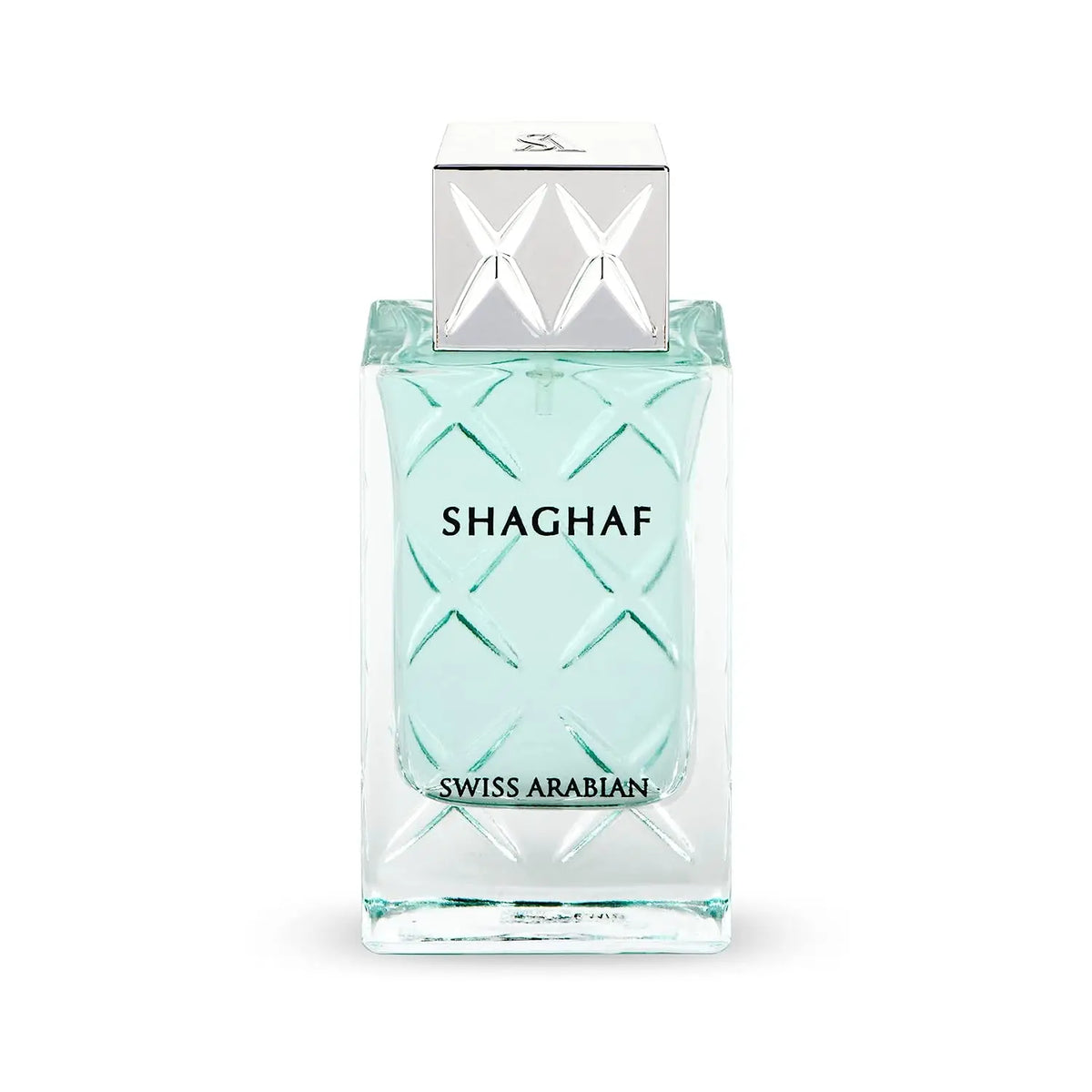 Een slanke transparante glazen fles met licht turquoise vloeistof en reliëf diamantpatroon shaghaf for men