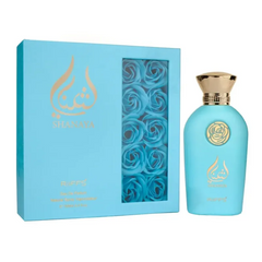 Shanaya lichtblauwe parfumfles met gouden dop en cadeauverpakking met blauwe rozenzeep