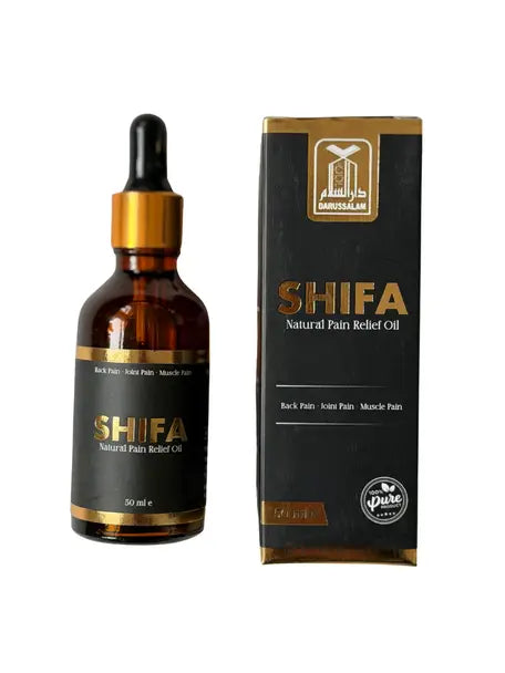 Shifa oil natuurlijke pijnverlichtende olie 50ml in amber glazen fles met gouden accenten naast zwarte en gouden doos