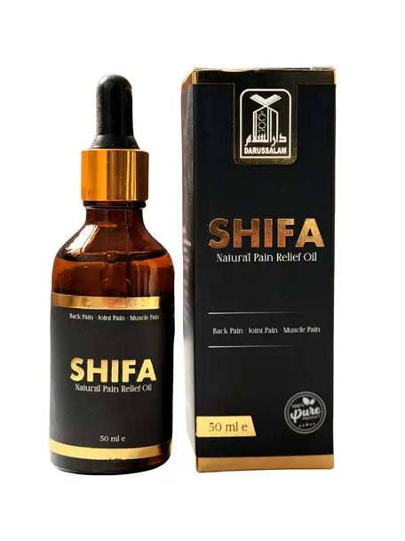 Zwarte glazen fles met gouden druppelaar en etiket met shifa natuurlijke pijnverlichtende olie 50ml