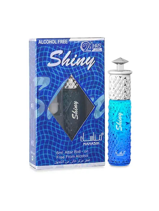 Blauwe gestructureerde glazen roll-on parfumfles met zilveren diamantpatroon dop en alcoholvrije verpakking van mahasik
