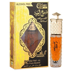 Decoratieve glazen parfumfles Shiyoukh al Oud met goud en zwart, voor Oud Manasik geur