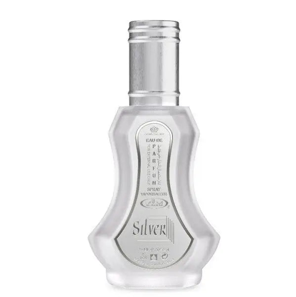 Zilveren sprayfles 35 ml met slank, gefacetteerd glazen lichaam en metalen dop voor parfum