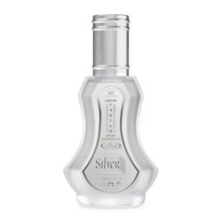 Zilveren sprayfles 35 ml met slank, gefacetteerd glazen lichaam en metalen dop voor parfum