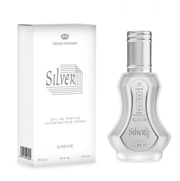 Zilver sprayfles 35 ml met transparant glazen lichaam en metalen zilveren dop en label