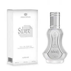 Zilver sprayfles 35 ml met transparant glazen lichaam en metalen zilveren dop en label