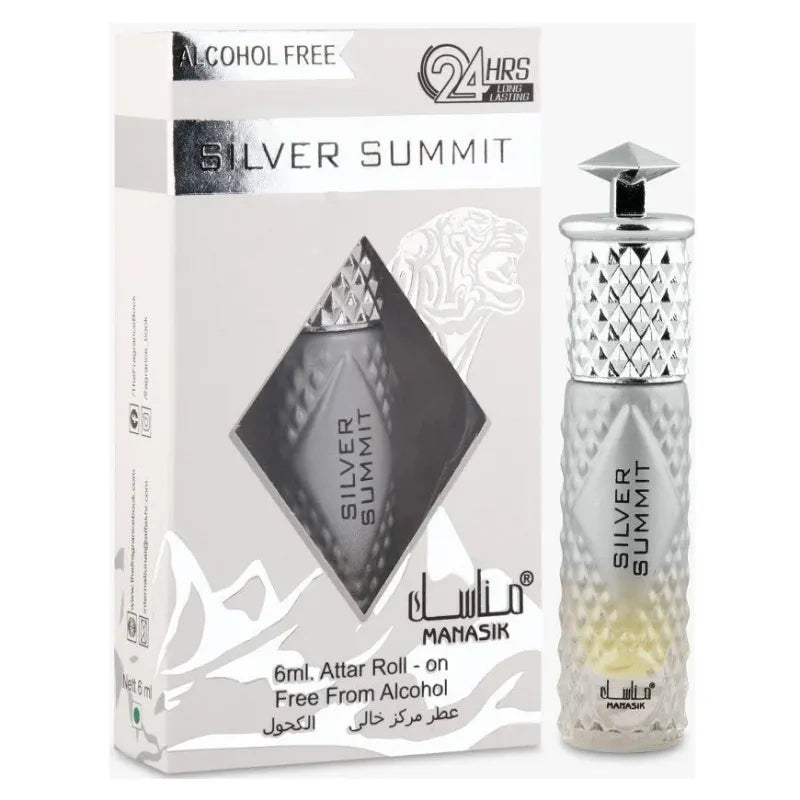 Silver Summit alcohol-free perfume in a diamond-patterned bottle and packaging