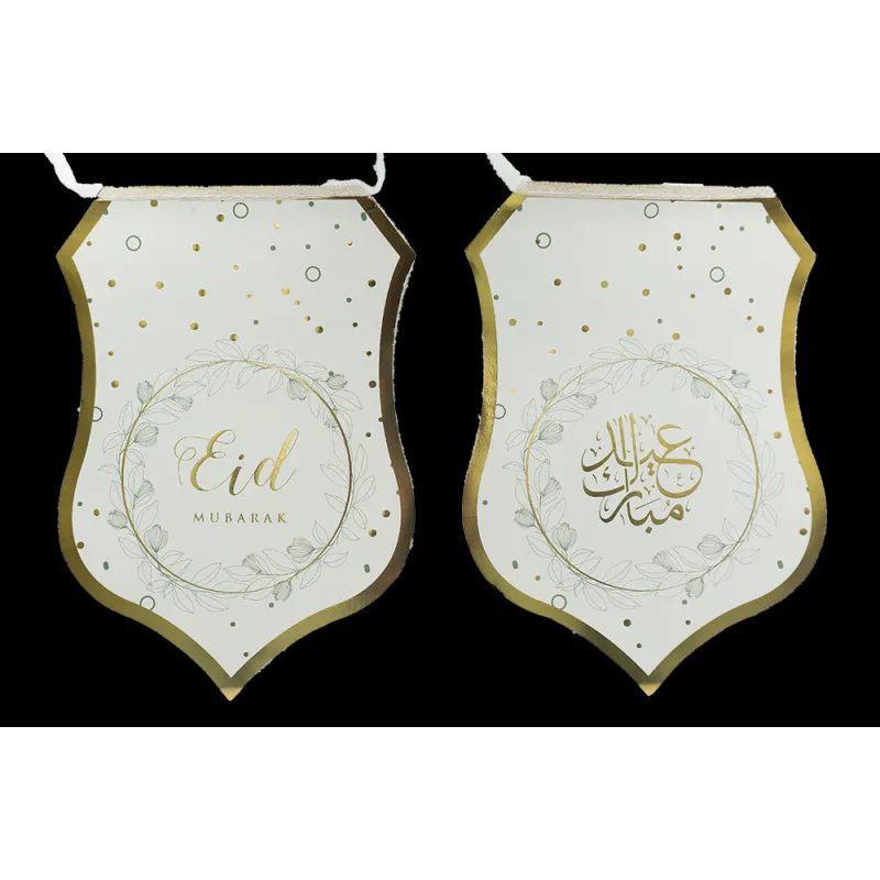 Witte en gouden Eid Mubarak banner met bloemmotieven, Slinger -Eid leafs