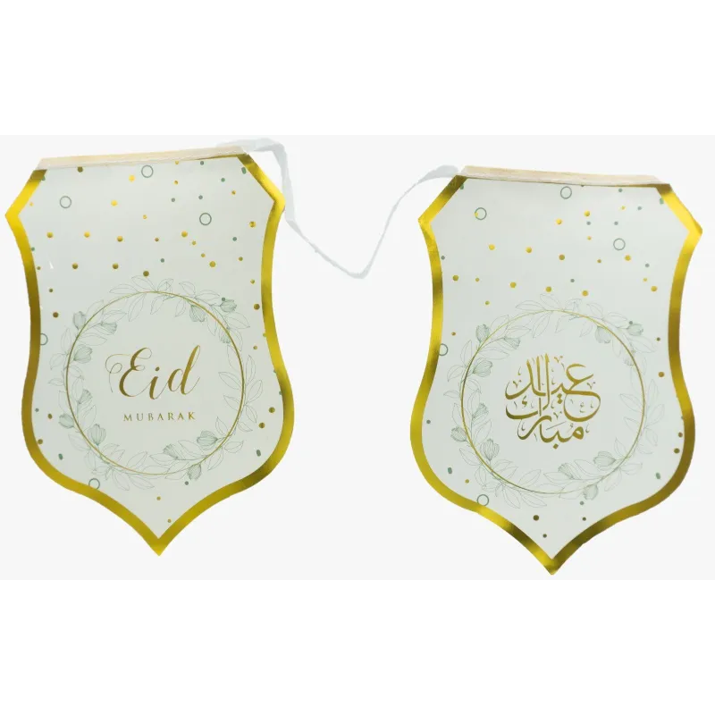 Gouden en witte Eid Mubarak vlaggen met bloemmotieven, Slinger -Eid leafs