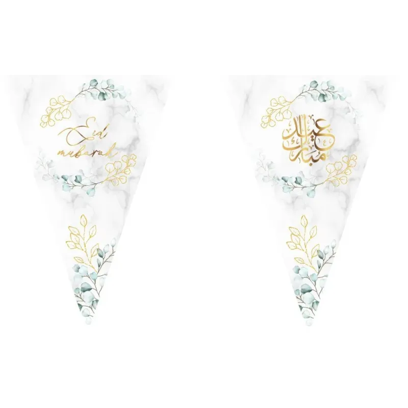 Elegante witte marmeren driehoekige Eid Mubarak banners met gouden en saliegroene bloemembroidery