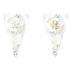 Elegante witte marmeren driehoekige Eid Mubarak banners met gouden en saliegroene bloemembroidery