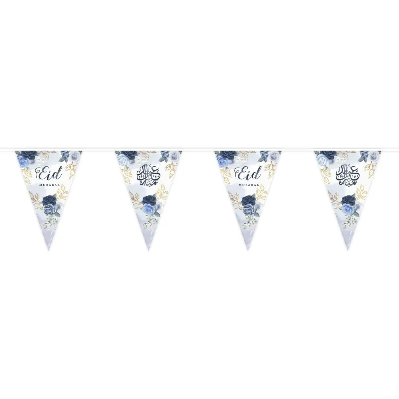 Blauwe Eid peony blue vlaggen met gouden accenten op witte achtergrond