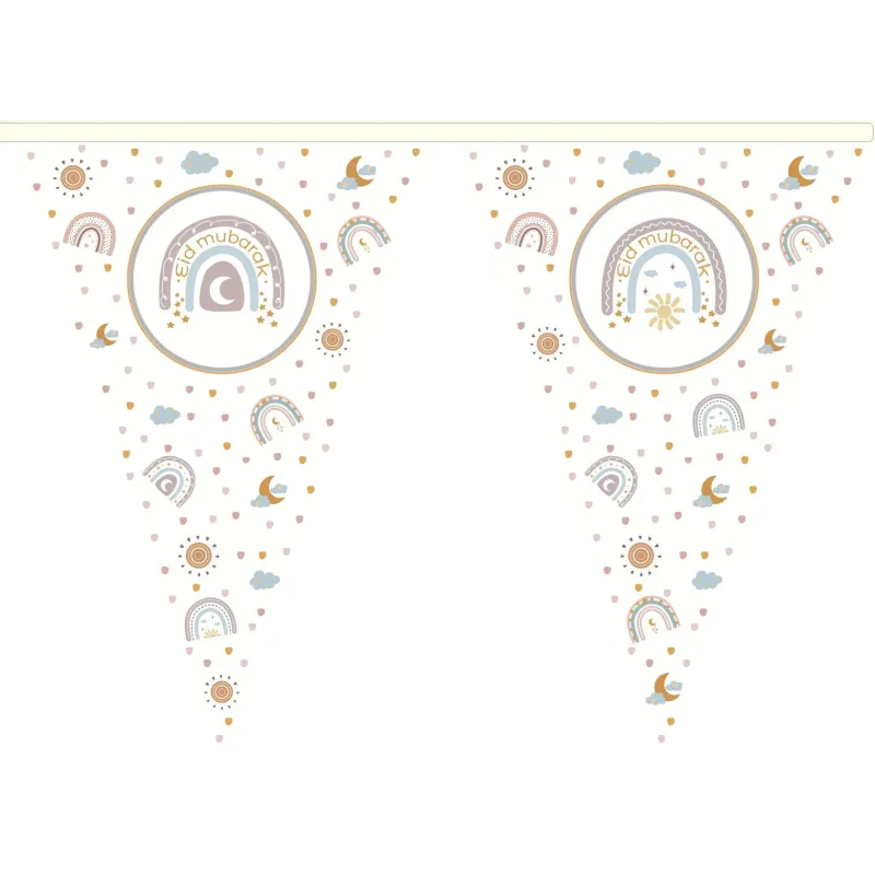Pastelkleurige Eid Mubarak slinger met regenboog, maan en zonmotieven op witte achtergrond