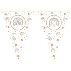 Pastelkleurige Eid Mubarak slinger met regenboog, maan en zonmotieven op witte achtergrond
