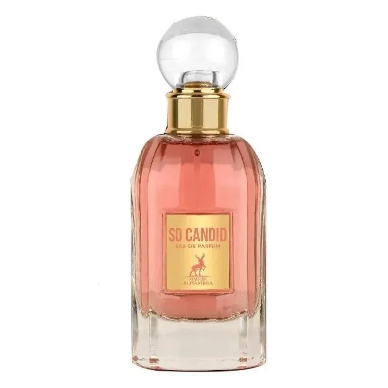 Roze parfumfles met gouden dop en SO CANDID label uit de bloemige parfum geurfamilie