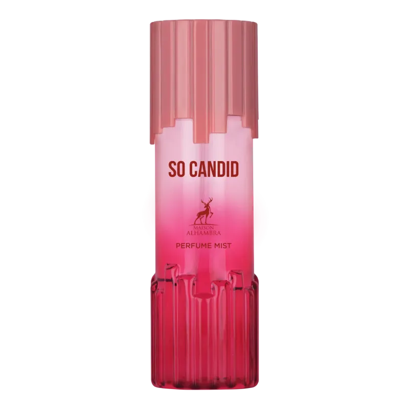 Een levendige roze gradient body mist fles met een geribbelde doorschijnende dop en bodem voor so candid body mist