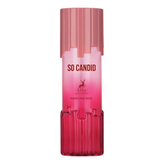 Een levendige roze gradient body mist fles met een geribbelde doorschijnende dop en bodem voor so candid body mist