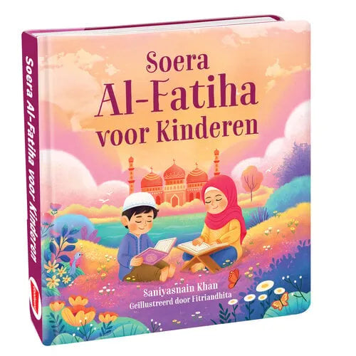 Boekcover Soera Al-Fatiha voor jonge kinderen: moskee, bloemen en lezende figuren