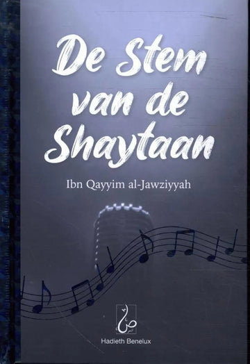 Grijs boekomslag met witte gestileerde tekst en zwarte muzieknoten van de stem van de shaytaan