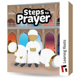 Steps to prayer kaarten educatief boek met illustraties van kinderen in witte gebedskleding voor moskee achtergrond