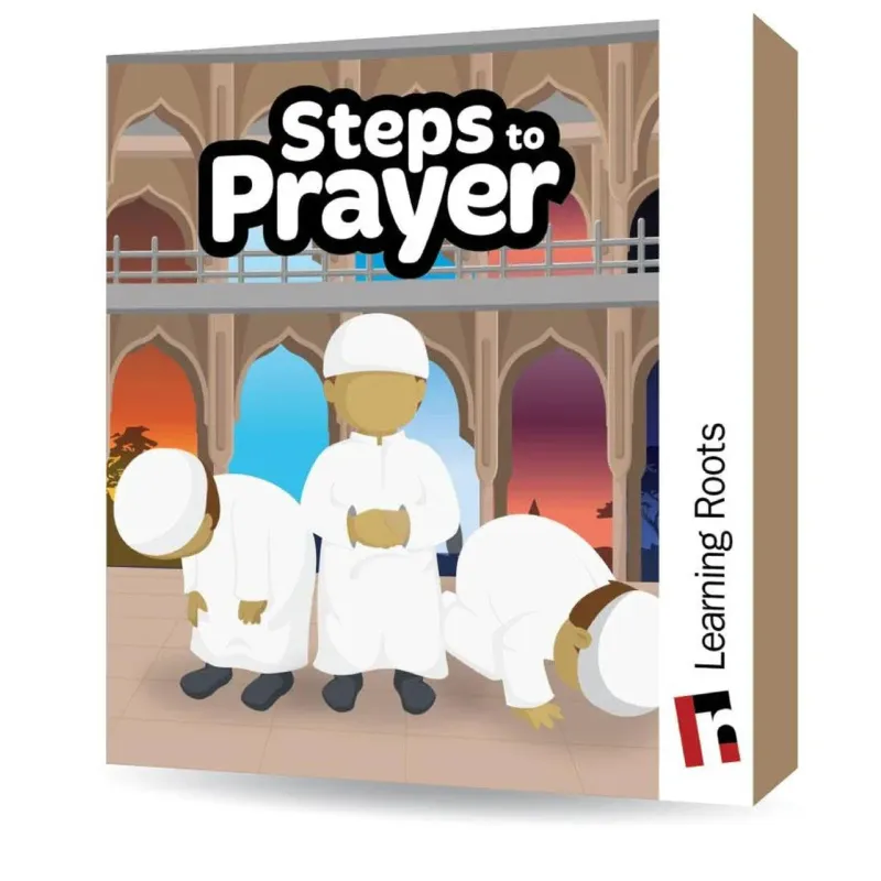 Steps to prayer kaarten educatief boek met illustraties van kinderen in witte gebedskleding voor moskee achtergrond